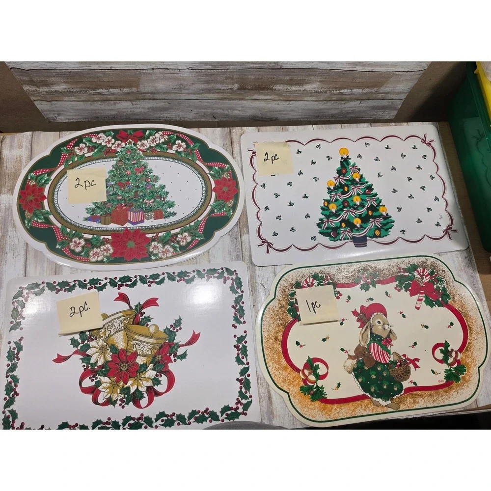 Vintage Christmas Placemats Lot of 7 Holiday Tree Bells Bunny Poinsettia Decor